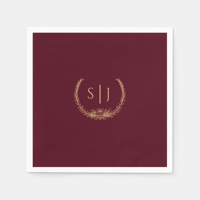 Burgundy Gold Floral Wedding Monogram Napkin Serviette (Vorderseite)