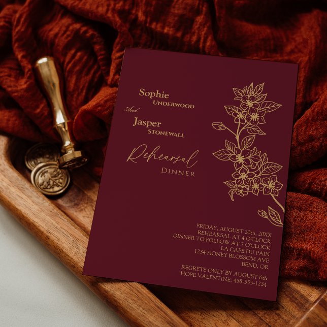 Burgundy Gold Floral Wedding Probe Dinner Einladung (Von Creator hochgeladen)