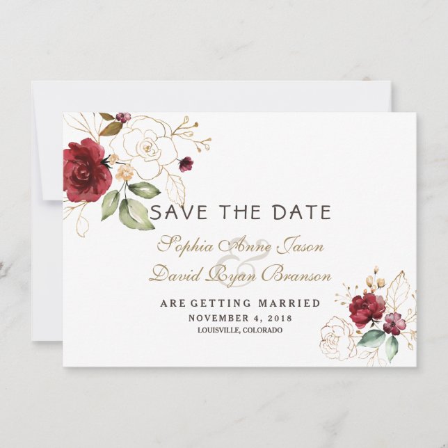 Burgundy Gold Floral Wedding retten das Datum Save The Date (Vorderseite)