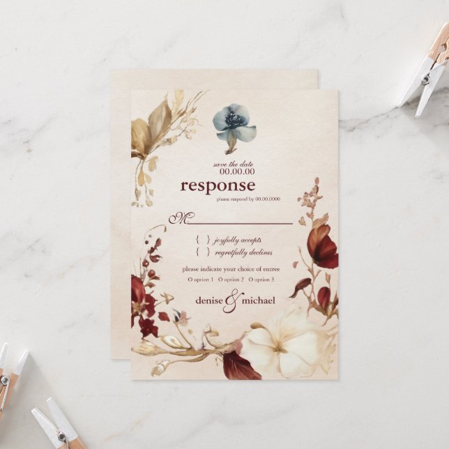 Burgundy Gold Floral Wedding RSVP Card Einladung (Vorderseite/Rückseite Beispiel)