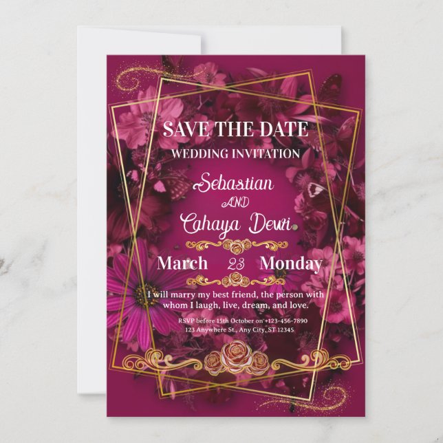 Burgundy Gold Floral Wedding Save the Date Einladung (Vorderseite)