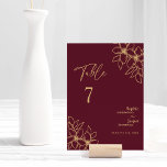 Burgundy Gold Floral Wedding Tischnummer Card<br><div class="desc">Diese bordeauxrote, blumengeschmückte Hochzeitskarte mit goldfarbener Tischnummer besticht durch eine wunderschöne, dunkle Merlot-Kulisse mit eleganter Goldkalligraphie und vergoldeten Blumenverzierungen. Die Juwelengeschichte und die goldenen botanischen Boho-Akzente sowie die minimale delikate Schrift schaffen eine königliche und romantische moderne Ästhetik, die ein perfektes Gleichgewicht zwischen klassischem Vintagem und zeitgenössischem lässige schafft und somit...</div>