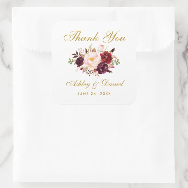 Burgundy Gold Floral Wedding Vielen Dank Sq Quadratischer Aufkleber (Tasche)