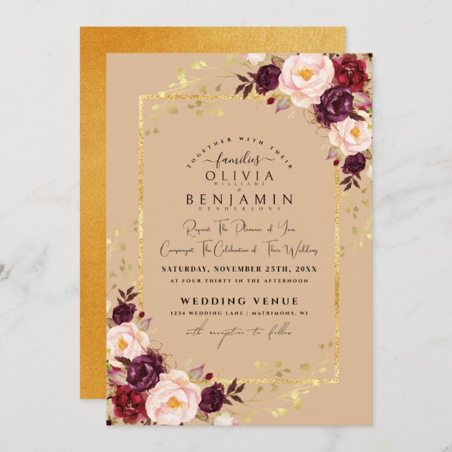 Burgundy Gold Florales Chic Foil Glitzer Wedding I Einladung (Vorne/Hinten)