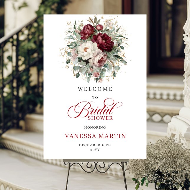 Burgundy Gold Flowers Bridal Shower Welcome Poster (Burgundy Gold Flowers Bridal Shower Welcome)