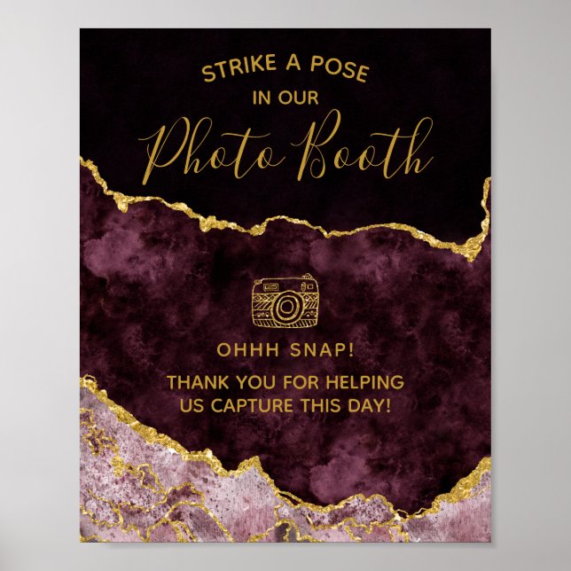 Burgundy Gold Foil Agate Foto Stand Wedding Sign Poster (Vorne)