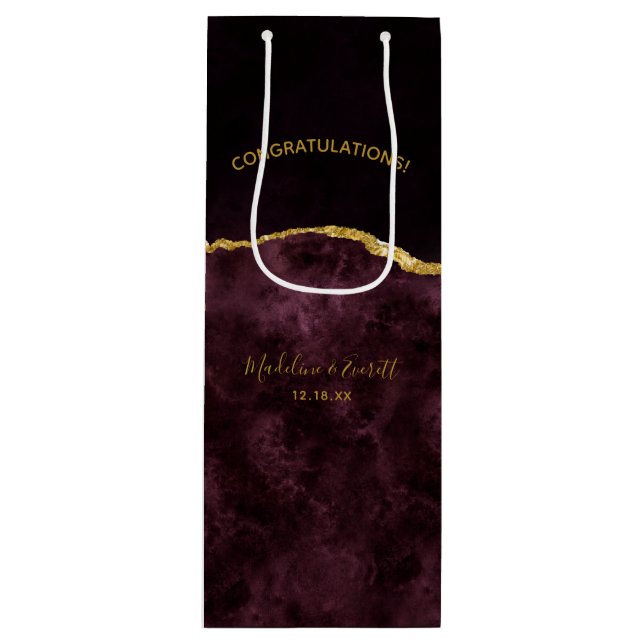 Burgundy Gold Foil Agate Hochzeitsgratulation Geschenktüte Für Weinflaschen (Vorderseite)
