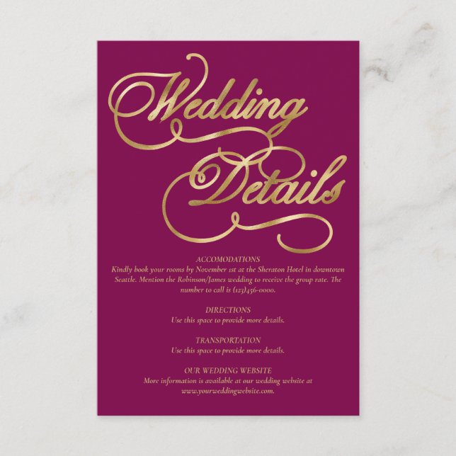 Burgundy & Gold Foil Calligrafy Formal Wedding Begleitkarte (Vorderseite)