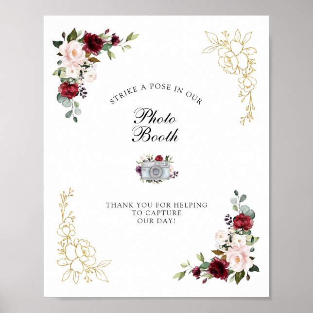 Burgundy Gold Foil Foto Stand Wedding Sign Poster (Vorne)