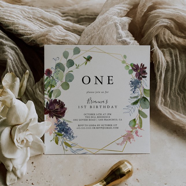 Burgundy Gold Geometric Erste Geburtstagsparty Einladung (Von Creator hochgeladen)