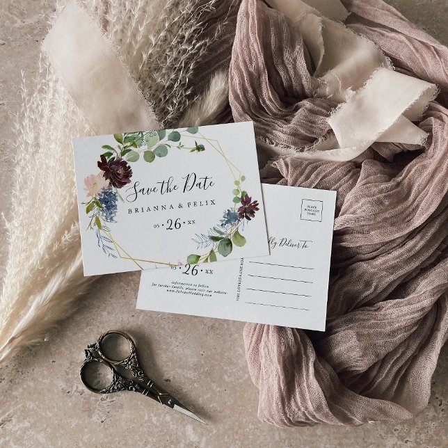 Burgundy Gold Geometric Horizontal Save the Date Postkarte (Von Creator hochgeladen)