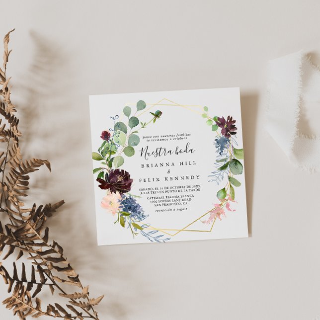 Burgundy Gold Geometric Nuestra Boda Wedding Einladung (Von Creator hochgeladen)