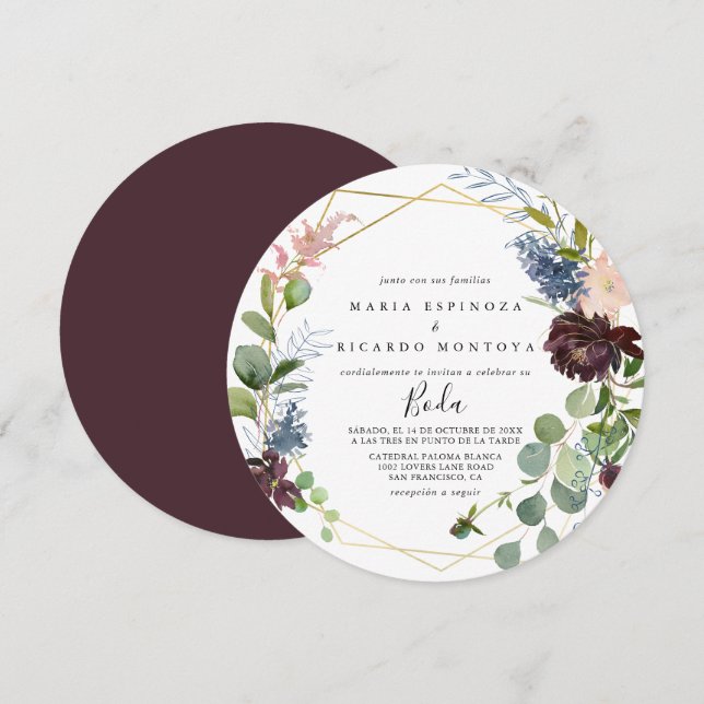 Burgundy Gold Geometric Spanish Wedding Einladung (Vorne/Hinten)