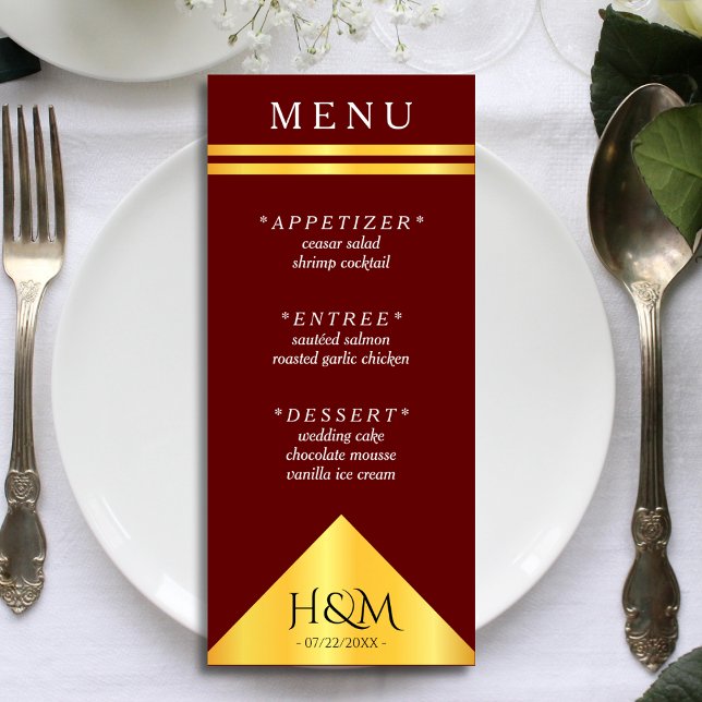 Burgundy & Gold Geometric Stripe Hochzeitsempfang Menükarte (burgundy red and gold wedding menu)