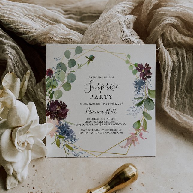 Burgundy Gold Geometric Surprise Party Einladung (Von Creator hochgeladen)