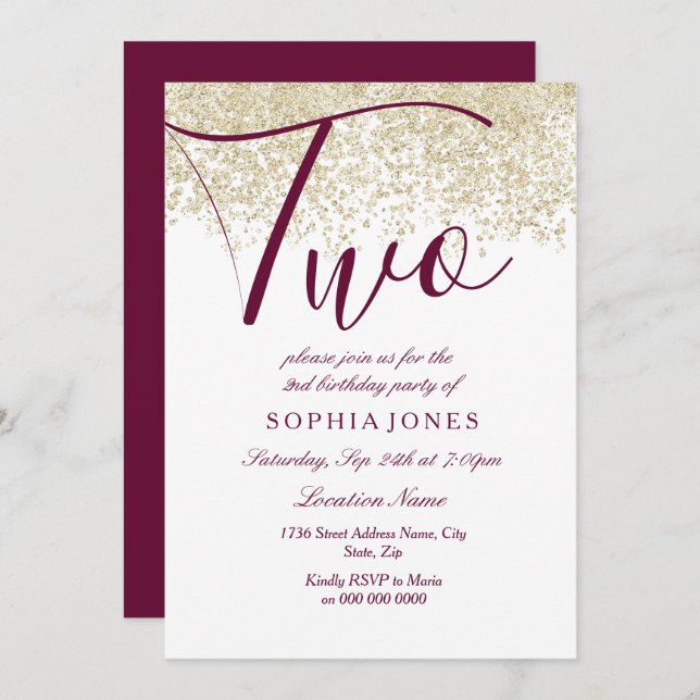 Burgundy Gold Glitzer 2. Geburtstag Party laden Einladung (Vorne/Hinten)