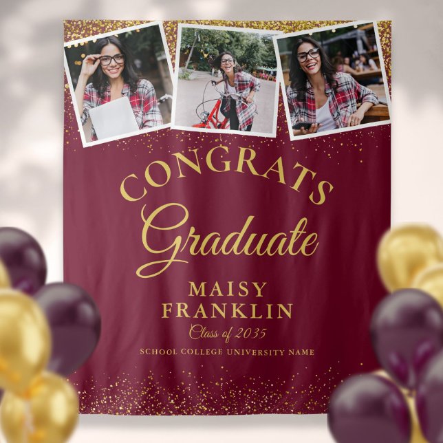 Burgundy Gold Glitzer Abschluss 3 Foto Hintergrund Wandteppich (Burgundy Gold Glitter Graduation 3 Photo Backdrop)