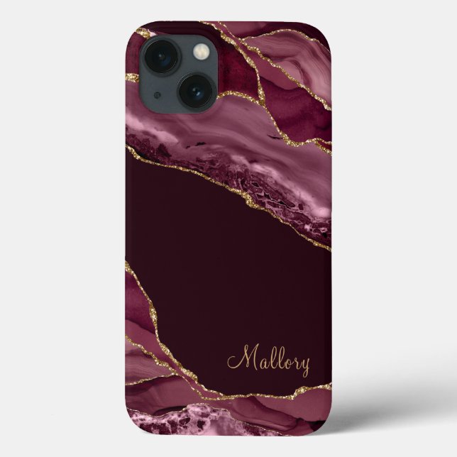 Burgundy Gold Glitzer Agate Monogram Case-Mate iPhone Hülle (Rückseite)