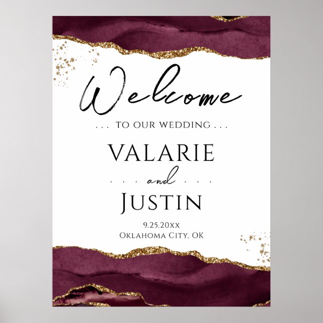 Burgundy Gold Glitzer Agate Wedding Willkommenszei Poster (Vorne)