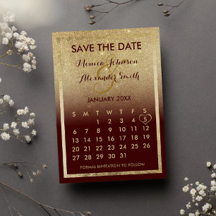 Burgundy Gold Glitzer Calendar Save the Date Ankündigungspostkarte