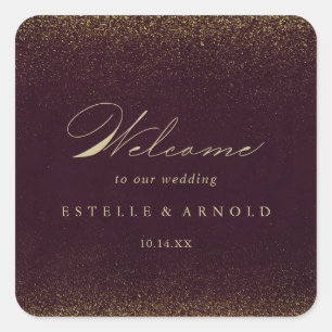 Burgundy Gold Glitzer Calligrafy Wedding Willkomme Quadratischer Aufkleber