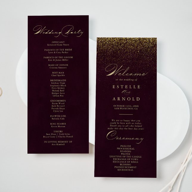 Burgundy Gold Glitzer Calligraphy Wedding Program Programm (Von Creator hochgeladen)