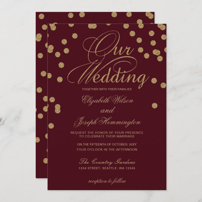 Burgundy Gold Glitzer Confetti Elegante Hochzeit Einladung (Vorne/Hinten)