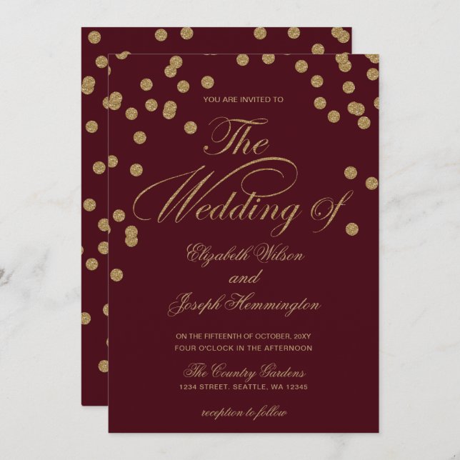 Burgundy Gold Glitzer Confetti Elegante Hochzeit Einladung (Vorne/Hinten)