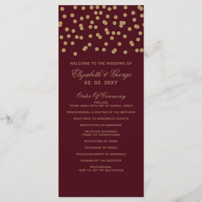 Burgundy Gold Glitzer Confetti Elegante Hochzeit Programm (Vorderseite)