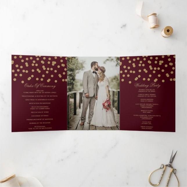 Burgundy Gold Glitzer Confetti Foto Wedding Dreifach-gefaltete Programmkarte (Innenseite)