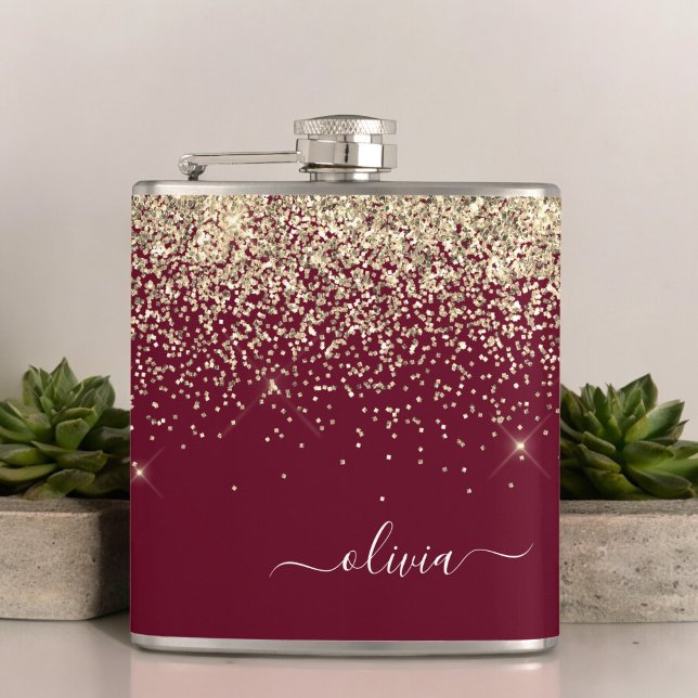 Burgundy Gold Glitzer Girly Monogram Glam Flachmann (Von Creator hochgeladen)
