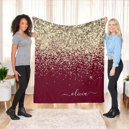 Burgundy Gold Glitzer Girly Monogram Glam Fleecedecke