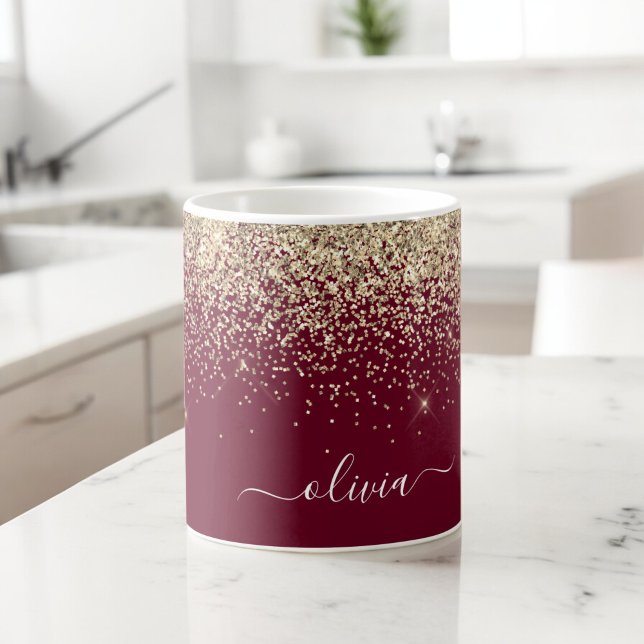 Burgundy Gold Glitzer Girly Monogram Glam Kaffeetasse (Von Creator hochgeladen)