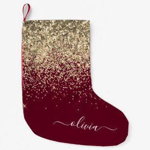 Burgundy Gold Glitzer Girly Monogram Glam Kleiner Weihnachtsstrumpf