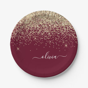 Burgundy Gold Glitzer Girly Monogram Glam Pappteller