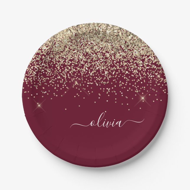 Burgundy Gold Glitzer Girly Monogram Glam Pappteller (Vorderseite)
