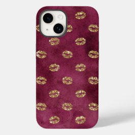 Burgundy Gold Glitzer Kisses Lips Case-Mate iPhone 14 Hülle
