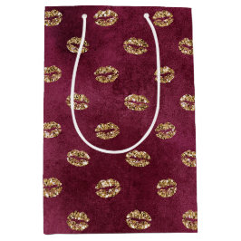 Burgundy Gold Glitzer Kisses Lips Mittlere Geschenktüte