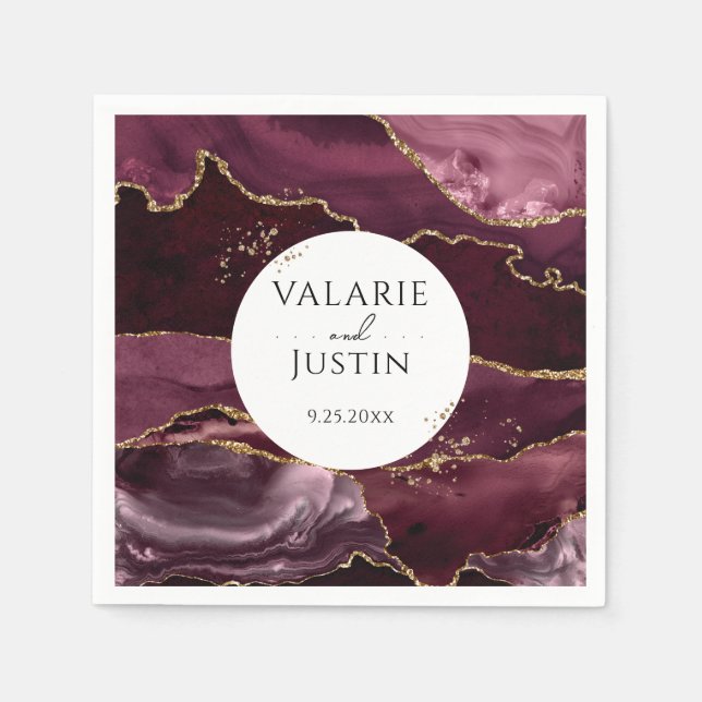 Burgundy Gold Glitzer Marble Wedding Napkins Serviette (Vorderseite)