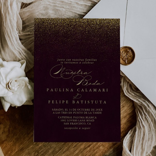 Burgundy Gold Glitzer Nuestra Boda Wedding Einladung (Von Creator hochgeladen)