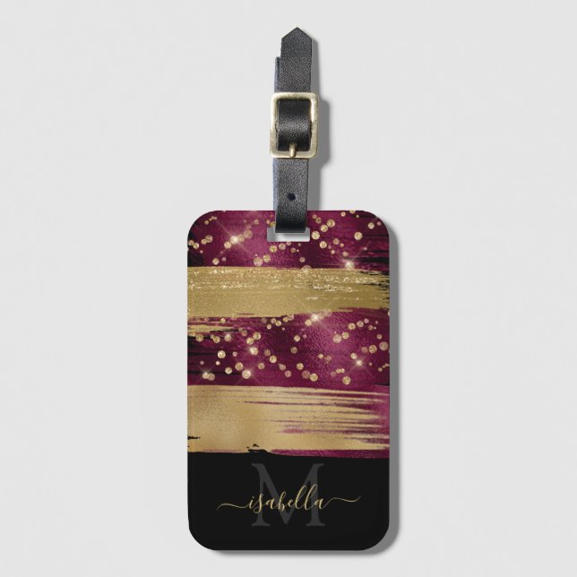 Burgundy Gold Glitzer Script Mit Monogramm Gepäckanhänger (Vorderseite Vertikal)