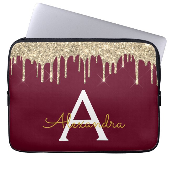 Burgundy Gold Glitzer Sparkle Monogram Laptopschutzhülle (Vorderseite)