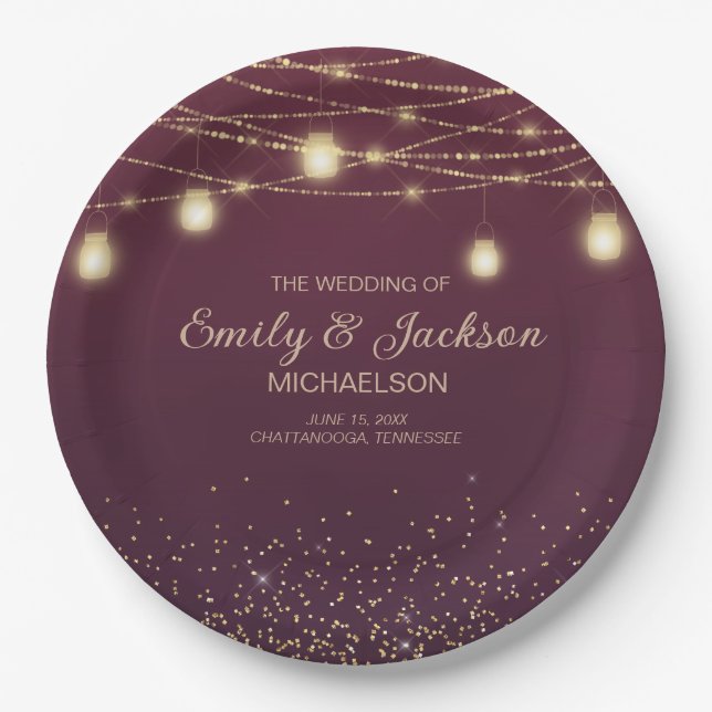 Burgundy Gold Glitzer String Light Wedding Pappteller (Vorderseite)