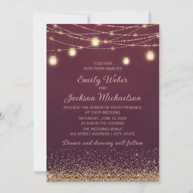 Burgundy Gold Glitzer String Lights Hochzeit Einladung (Vorderseite)