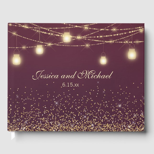 Burgundy Gold Glitzer String Lights Hochzeit Gästebuch (Vorderseite)