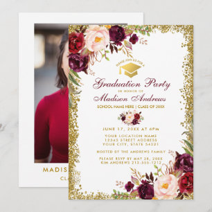 Burgundy Gold Grad Party Einladung - Foto Zurück