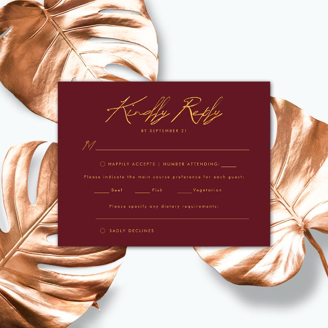 Burgundy Gold handgeschriebene Skripte Elegante Ho RSVP Karte (Von Creator hochgeladen)