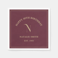 Burgundy Gold Happy Birthday Monogram Initial Serviette