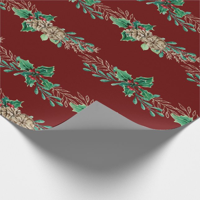 Burgundy Gold Holly Berries Geschenkpapier (Ecke)