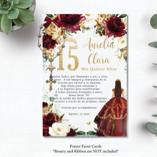 Burgundy Gold Ivory Floral Quinceañera Prayer Card Begleitkarte
